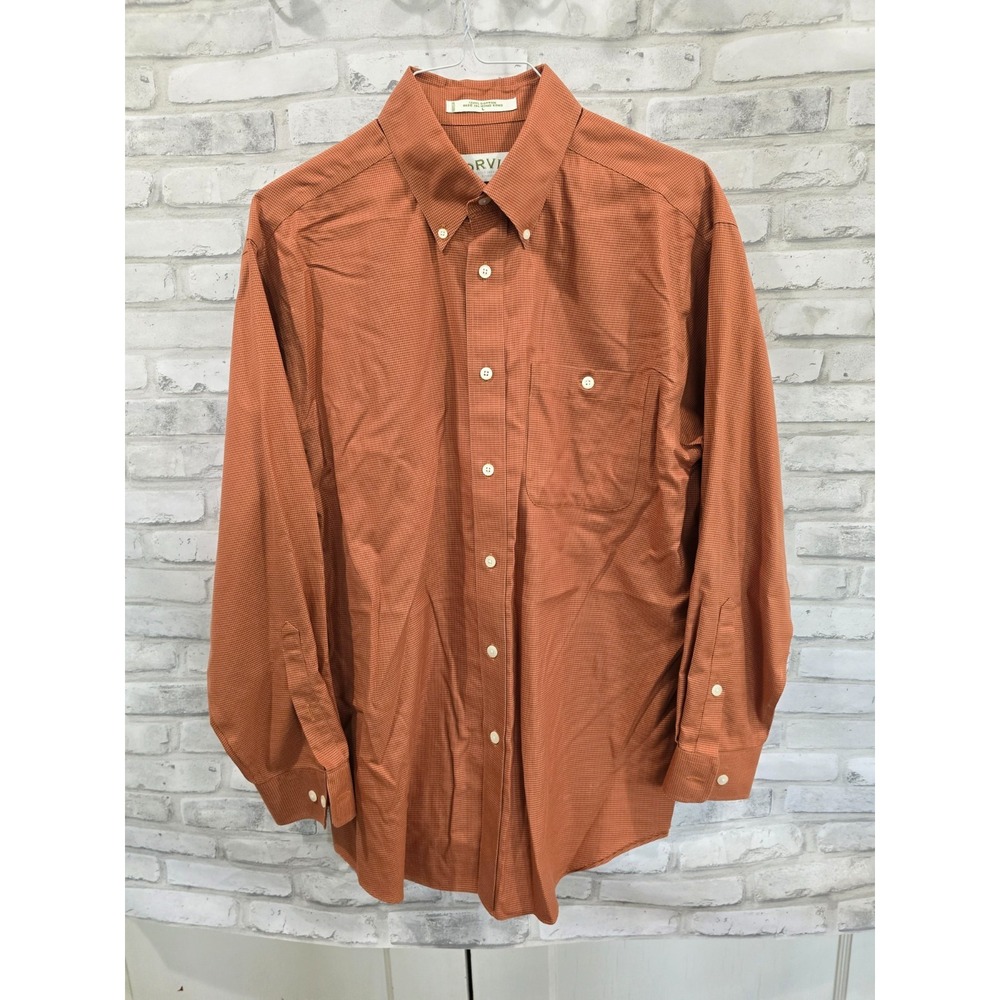 Orvis Men's Large Rust Orange Tartan Plaid Long Sleeve Micro Check Houndstooth